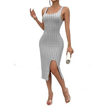 Women's Summer Dress Short Side Slit Skirt Square Neck Casual Slip Dresses