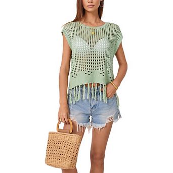 Womens Knit Top Crew Neck Hollow Out Fringe Hem Back Tie Casual Beach Cover Up Casual Travel Top