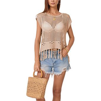 Womens Knit Top Crew Neck Hollow Out Fringe Hem Back Tie Casual Beach Cover Up Casual Travel Top