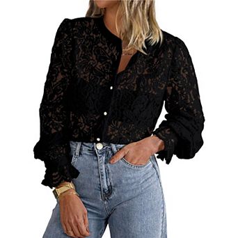 Women's Lace Long Sleeve Button-Up Shirt Top