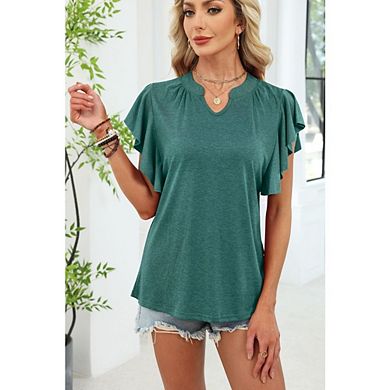 Women's Ruffle Short Sleeve Top V-Neck Solid Color Loose Fit Casual Blouse for Daily Beach Weekend