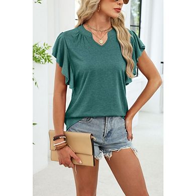 Women's Ruffle Short Sleeve Top V-Neck Solid Color Loose Fit Casual Blouse for Daily Beach Weekend