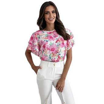 Womens Floral Blouse Crew Neck Ruffle Short Sleeve Summer Casual Top Watercolor Summer Casual Top