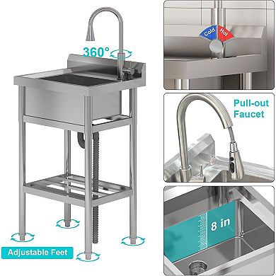 24" x 20" Freestanding Utility Sink with Hot/Cold Pull-Out Faucet, Commercial Single Bowl, 42" H