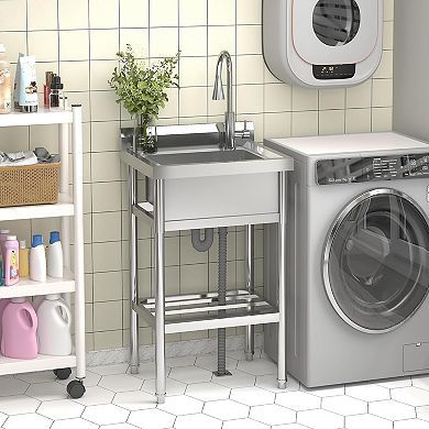 24" x 20" Freestanding Utility Sink with Hot/Cold Pull-Out Faucet, Commercial Single Bowl, 42" H