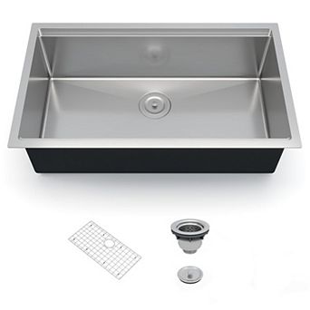 33" x 19" x 10" Undermount Workstation Sink, 304 Stainless Steel Single Bowl w/Grid & Drain Kit