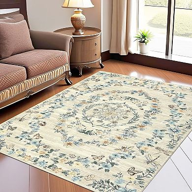 Modern Floral Area Rug, Non-Slip Non-Shedding Low-Pile Carpet for Home