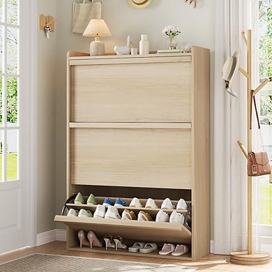 Shoe Cabinet with 3 Flip Drawers, Hidden Shoe Rack w/ Adjustable Shelf, Shoe Organizer for Entryway