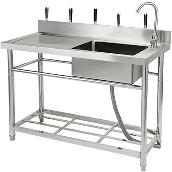 47" Freestanding Stainless Steel Utility Sink with Pull-Out Hot/Cold Faucet, Shelf & Adjustable Legs