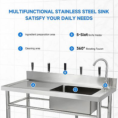 47" Freestanding Stainless Steel Utility Sink with Pull-Out Hot/Cold Faucet, Shelf & Adjustable Legs