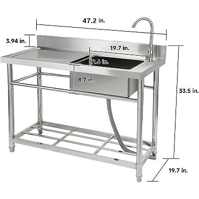 47" Freestanding Stainless Steel Utility Sink with Pull-Out Hot/Cold Faucet, Shelf & Adjustable Legs