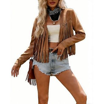Womens Faux Suede Fringe Trim Long Sleeve Open Front Jacket Western Concert Outfits Fall Tops