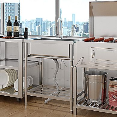 28x20x34" Freestanding Stainless Steel Utility Sink, Hot/Cold Faucet, Backsplash & Storage Shelf
