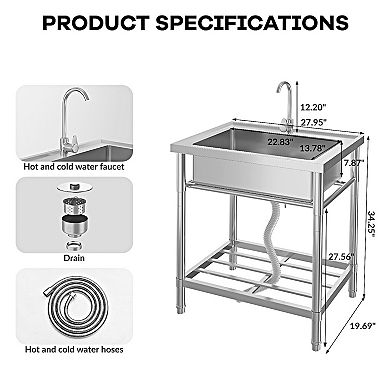 28x20x34" Freestanding Stainless Steel Utility Sink, Hot/Cold Faucet, Backsplash & Storage Shelf