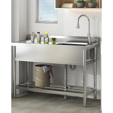47" x 20" Freestanding Utility Sink with Workbench, Pull-Out Hot/Cold Faucet & Single Bowl