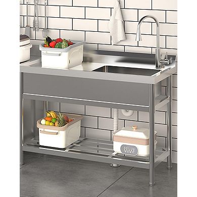 47" x 20" Freestanding Utility Sink with Workbench, Pull-Out Hot/Cold Faucet & Single Bowl