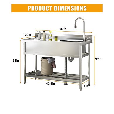 47" x 20" Freestanding Utility Sink with Workbench, Pull-Out Hot/Cold Faucet & Single Bowl