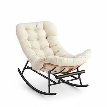 Papasan Rocking Chair with Footrest, Thick Cushion & Metal Frame for Indoor Outdoor Relaxation
