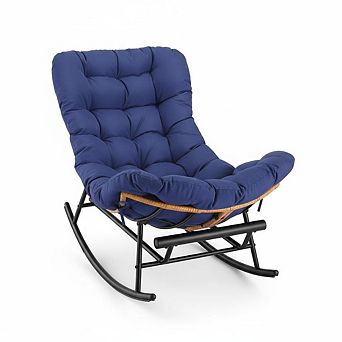 Papasan Rocking Chair with Footrest, Thick Cushion & Metal Frame for Indoor Outdoor Relaxation