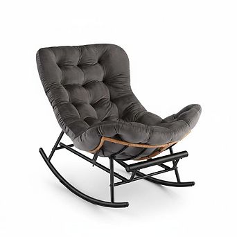 Papasan Rocking Chair with Footrest, Thick Cushion & Metal Frame for Indoor Outdoor Relaxation