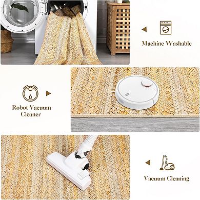 Modern Solid Braided Print Rug，Non-Slip Neutral Rugs，Low Pile