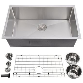 30" Undermount Single Bowl Kitchen Sink, 16-Gauge 304 Stainless Steel, 10" Deep w/Accessories