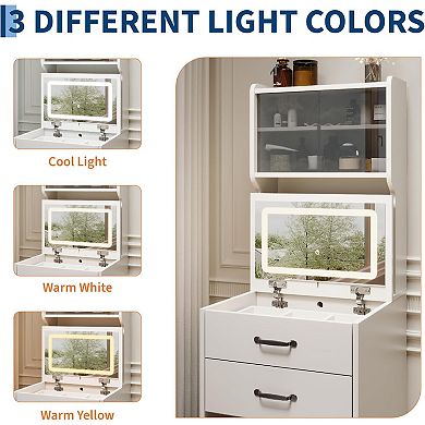 Make Up Vanity Desk with Mirror and Lights, White Vanity Table Set with Charger Station