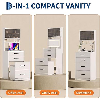 Make Up Vanity Desk with Mirror and Lights, White Vanity Table Set with Charger Station