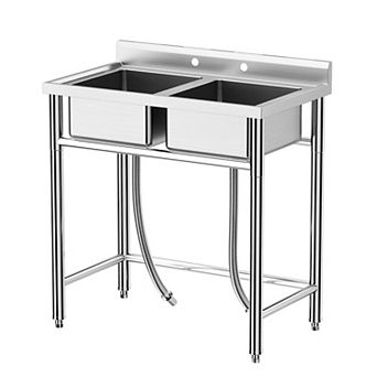 36" Freestanding Stainless Steel Utility Sink with Hot/Cold Water Pipes, Dual Bowls & Drain Kit
