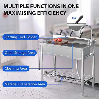 39x20x37" Freestanding Stainless Steel Utility Sink, Hot/Cold Pull-Out Faucet & Storage Shelf