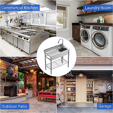 39x20x37" Freestanding Stainless Steel Utility Sink, Hot/Cold Pull-Out Faucet & Storage Shelf