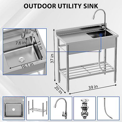 39x20x37" Freestanding Stainless Steel Utility Sink, Hot/Cold Pull-Out Faucet & Storage Shelf