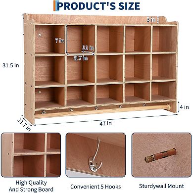 Wall Mounted Cubby Organizer with 15 Compartments and Hooks