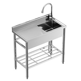 47x20x37" Freestanding Stainless Steel Utility Sink, Hot/Cold Pull-Out Faucet & Storage Shelf