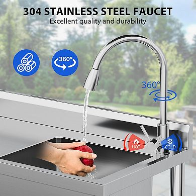 47x20x37" Freestanding Stainless Steel Utility Sink, Hot/Cold Pull-Out Faucet & Storage Shelf