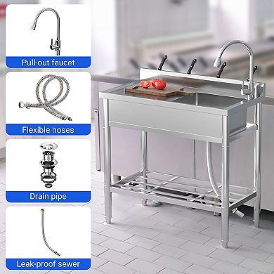 47x20x37" Freestanding Stainless Steel Utility Sink, Hot/Cold Pull-Out Faucet & Storage Shelf