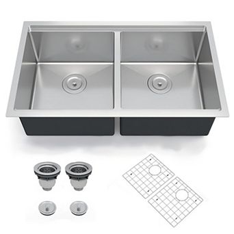 36" x 19" Undermount Workstation Sink, Stainless Steel Double Bowl w/Bottom Grid and Drain Kit