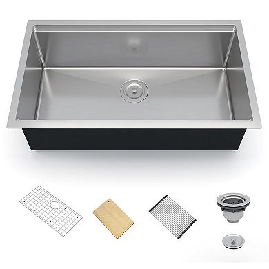 33" x 19" Undermount Workstation Kitchen Sink, Stainless Steel Single Bowl w/Cutting Board & Racks