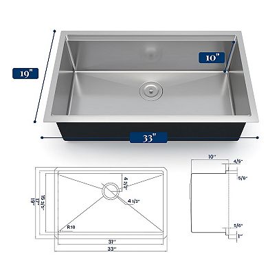 33" x 19" Undermount Workstation Kitchen Sink, Stainless Steel Single Bowl w/Cutting Board & Racks