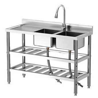 47" Freestanding 2-Compartment Stainless Steel Utility Sink Workstation w/Pull-Out Faucet & Shelves