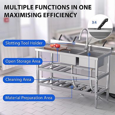 47" Freestanding 2-Compartment Stainless Steel Utility Sink Workstation w/Pull-Out Faucet & Shelves