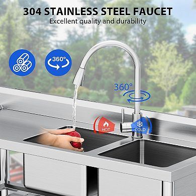47" Freestanding 2-Compartment Stainless Steel Utility Sink Workstation w/Pull-Out Faucet & Shelves