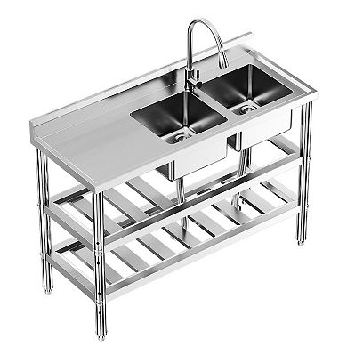 47" Freestanding 2-Compartment Stainless Steel Utility Sink Workstation w/Pull-Out Faucet & Shelves