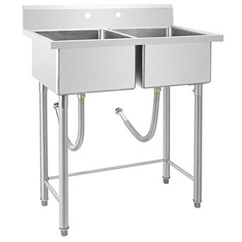41" Freestanding Stainless Steel Utility Sink with Hot/Cold Water Pipes, Dual Bowls & Drain Kit