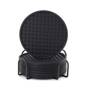 Silicone Mat Set with Holder, 6 Round Non-Slip Deep Groove Coasters for Hot & Cold Drinks, Black