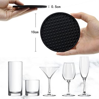 Silicone Mat Set with Holder, 6 Round Non-Slip Deep Groove Coasters for Hot & Cold Drinks, Black