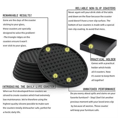 Silicone Mat Set with Holder, 6 Round Non-Slip Deep Groove Coasters for Hot & Cold Drinks, Black