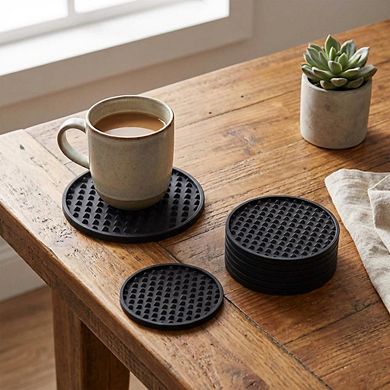 Silicone Mat Set with Holder, 6 Round Non-Slip Deep Groove Coasters for Hot & Cold Drinks, Black