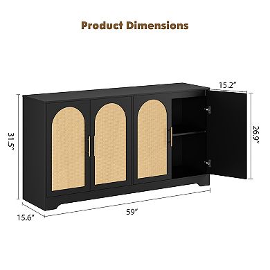 Rattan Buffet Cabinet, Sideboard w/ Shelf & 4 Doors, Storage Cabinet for Living/Dining Room,Entryway