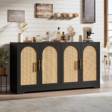 Rattan Buffet Cabinet, Sideboard w/ Shelf & 4 Doors, Storage Cabinet for Living/Dining Room,Entryway